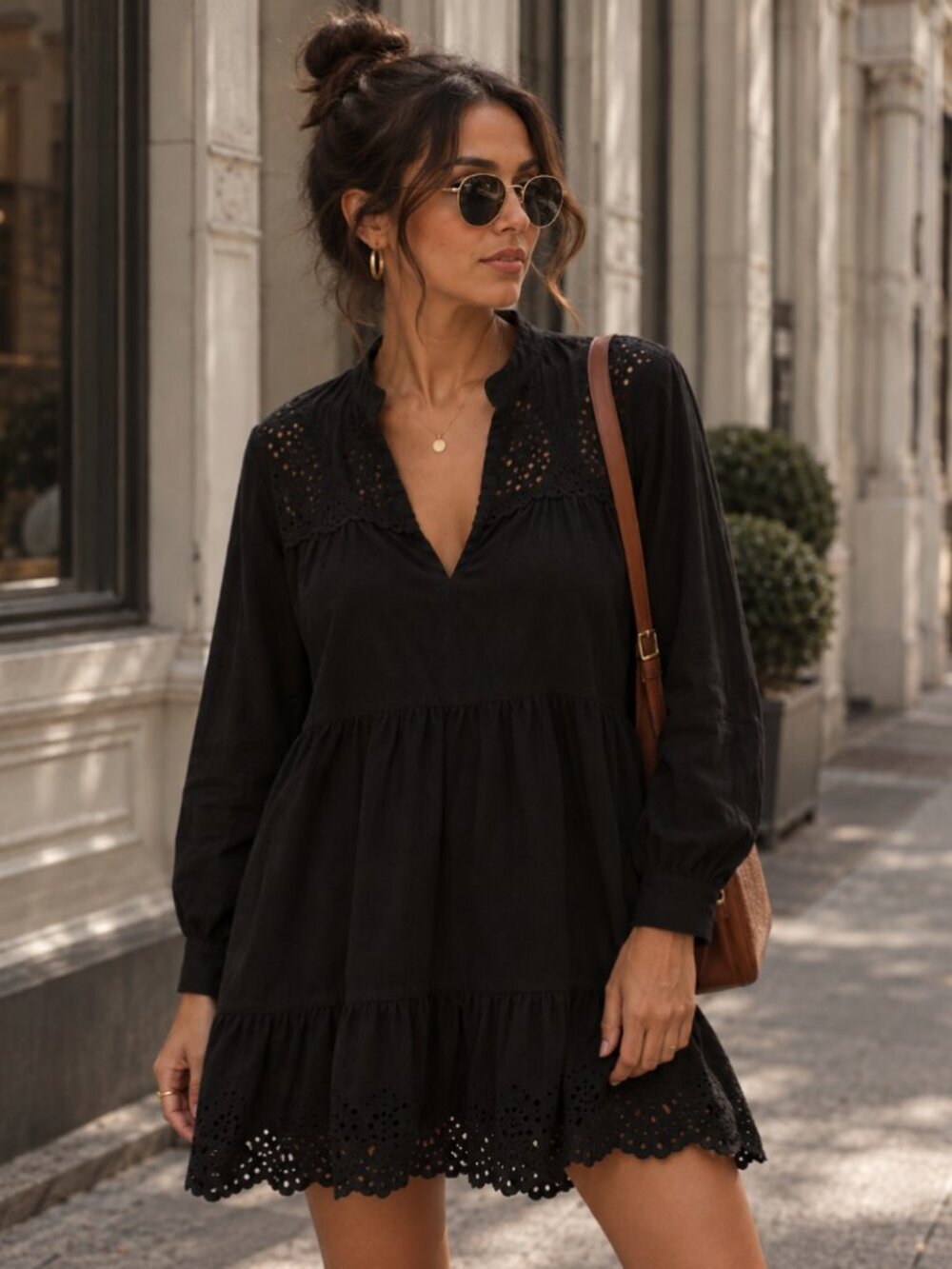 Zara Black Openwork Embroidered Long Sleeve Mini Dress L Dark Boho Goth Feminine